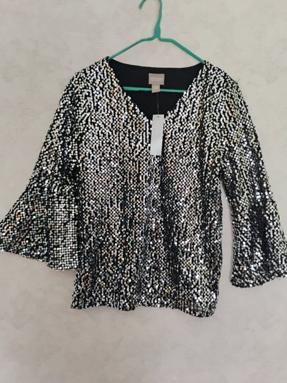 Chico's Silver Sequin V-Neck Bell Sleeve Blouse size 0